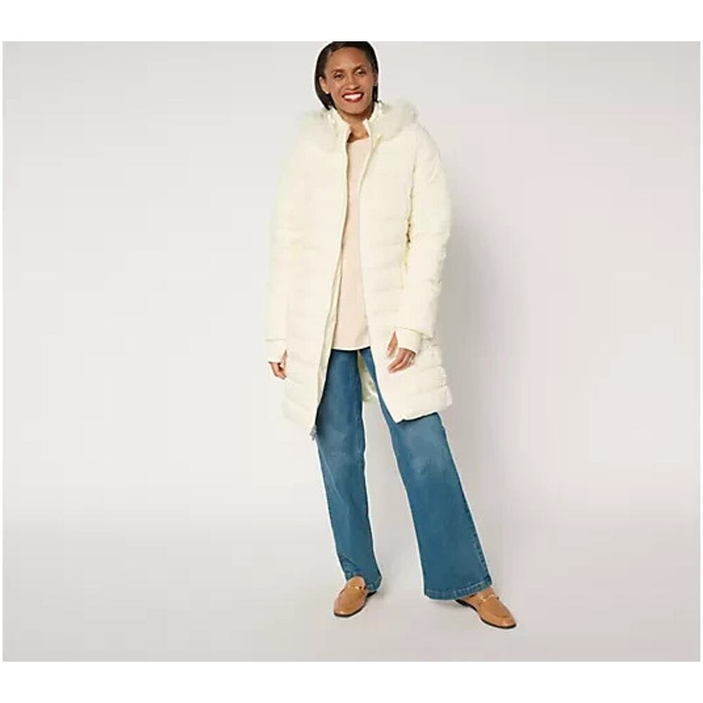 Susan Graver Regular Water Resistant Quilted Coat with Hood Ivory S A670979